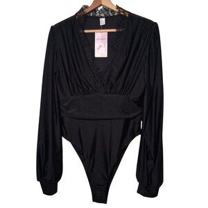 WDIRARA Bodysuit Women Large Black Long Sleeve V Neck Lace Trim Stretch NEW